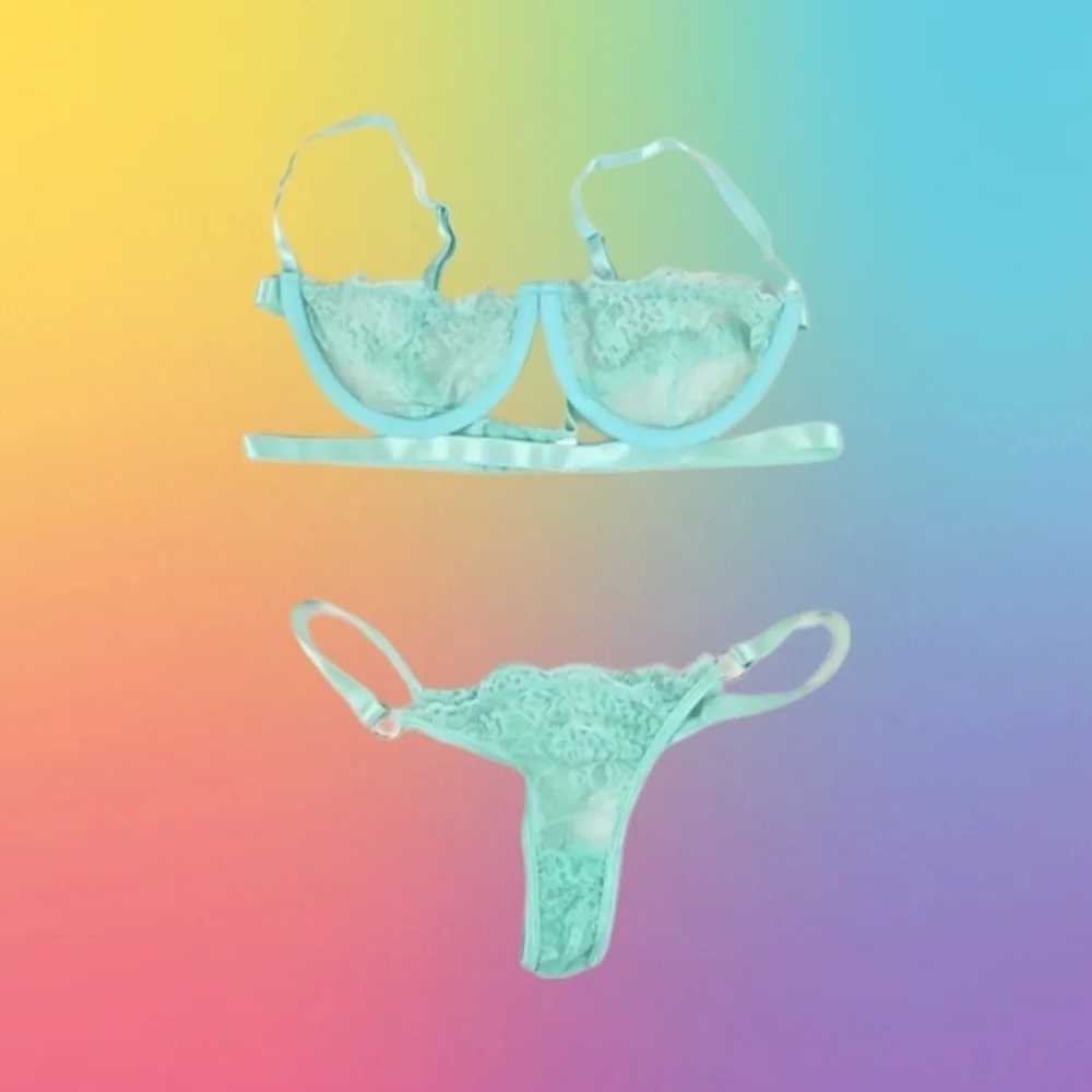 Sheer Lace Underwire Bra and Thong Panty Lingerie Set in Teal Green, Size M